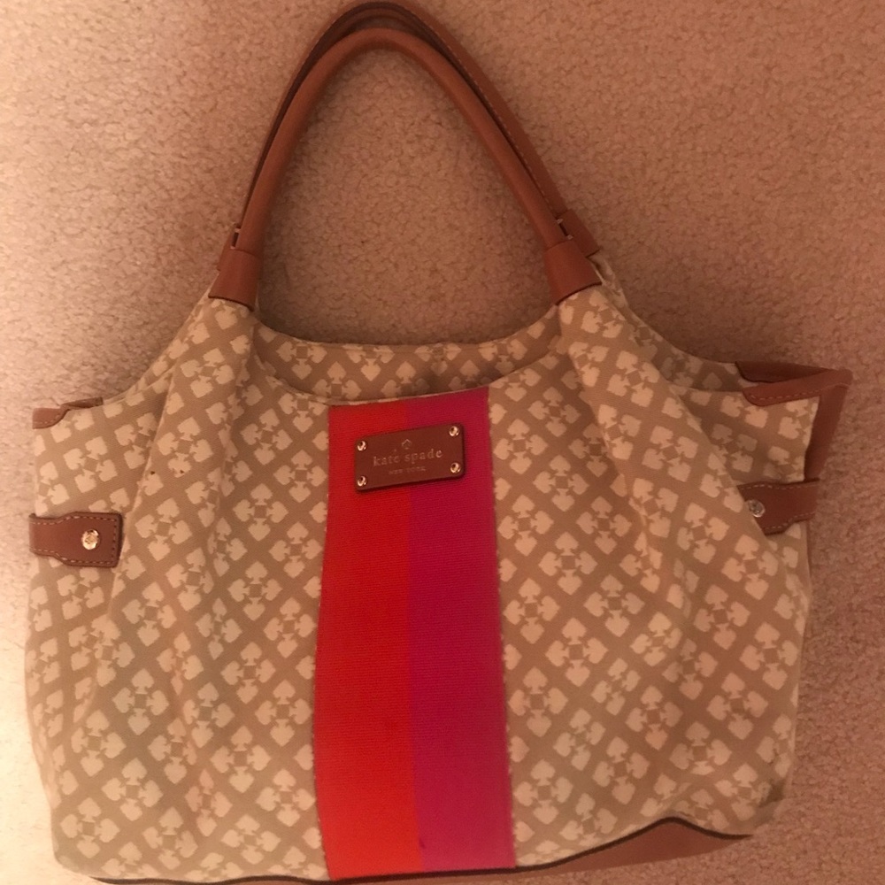Beige Kate Spade bag with pink/orange stripe